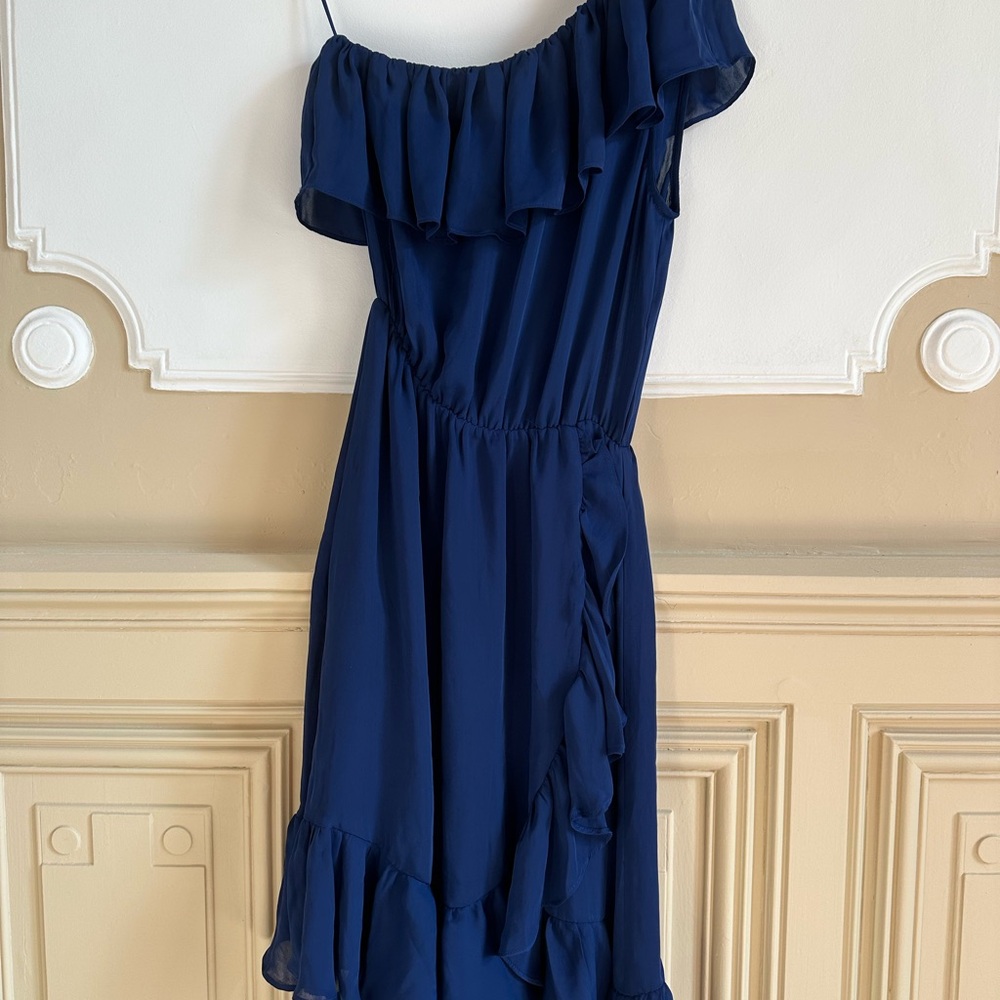 Parker Blue Asymmetrical Ruffled One Shoulder Dress